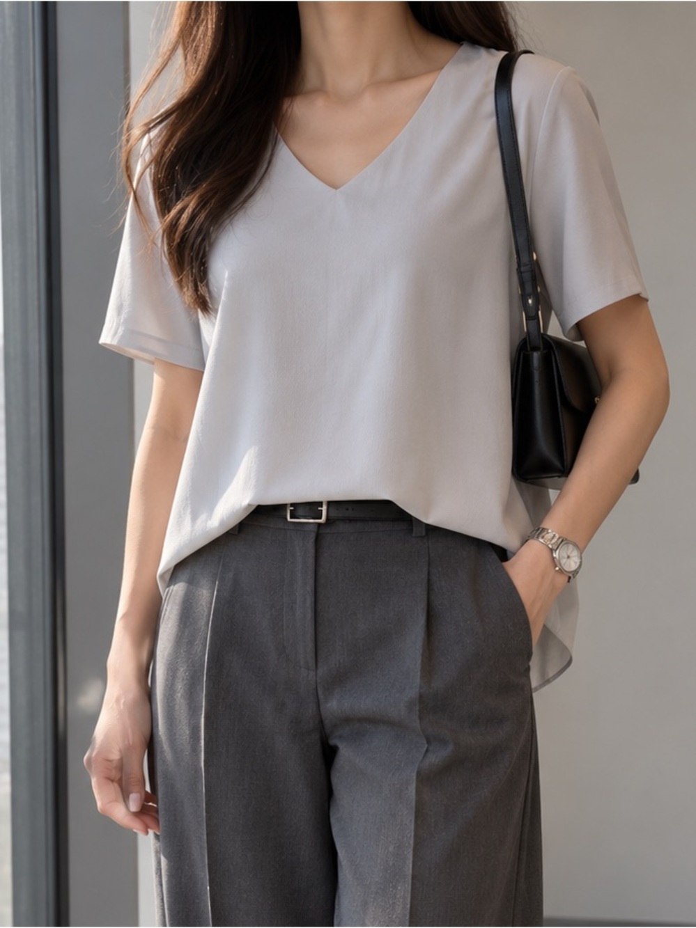 Babaton Pale Gray V-Neck Short Sleeve Blouse